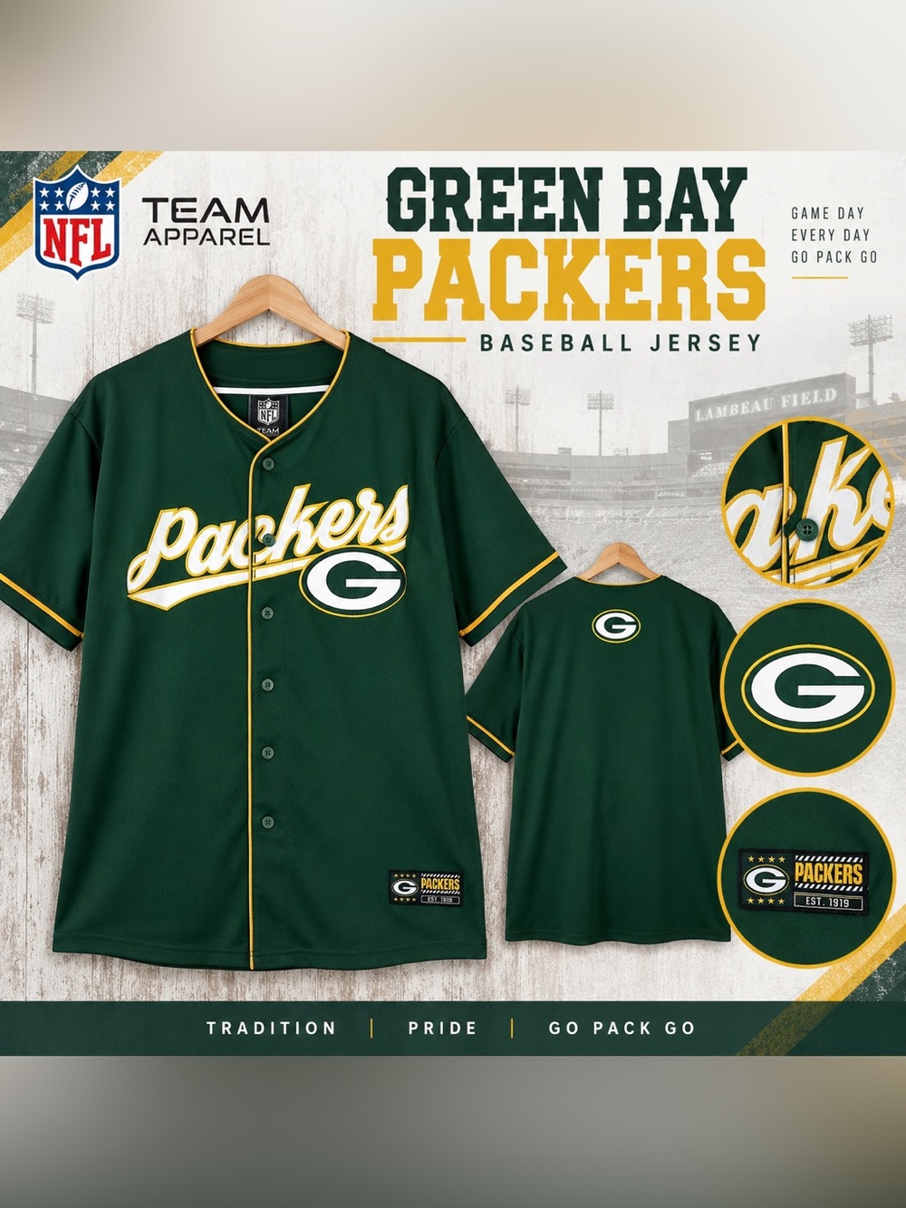 Green Bay Packers NFL Team Apparel Baseball Jersey Men’s Green Button Front Sz L